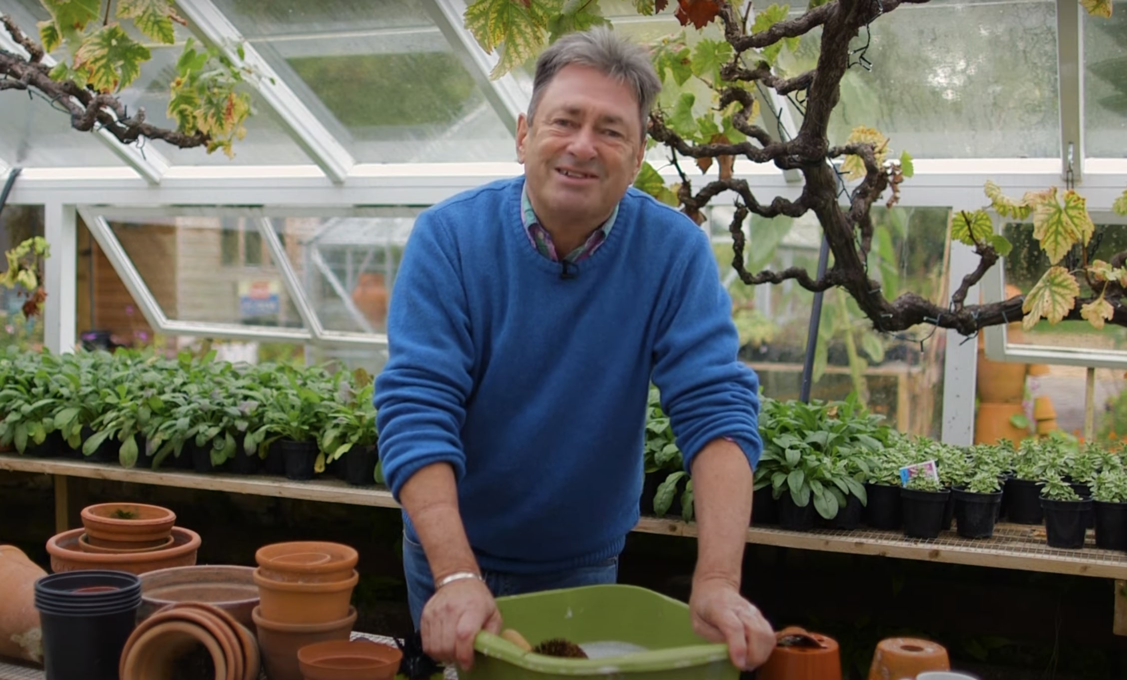 Alan Titchmarsh in his greenhouse