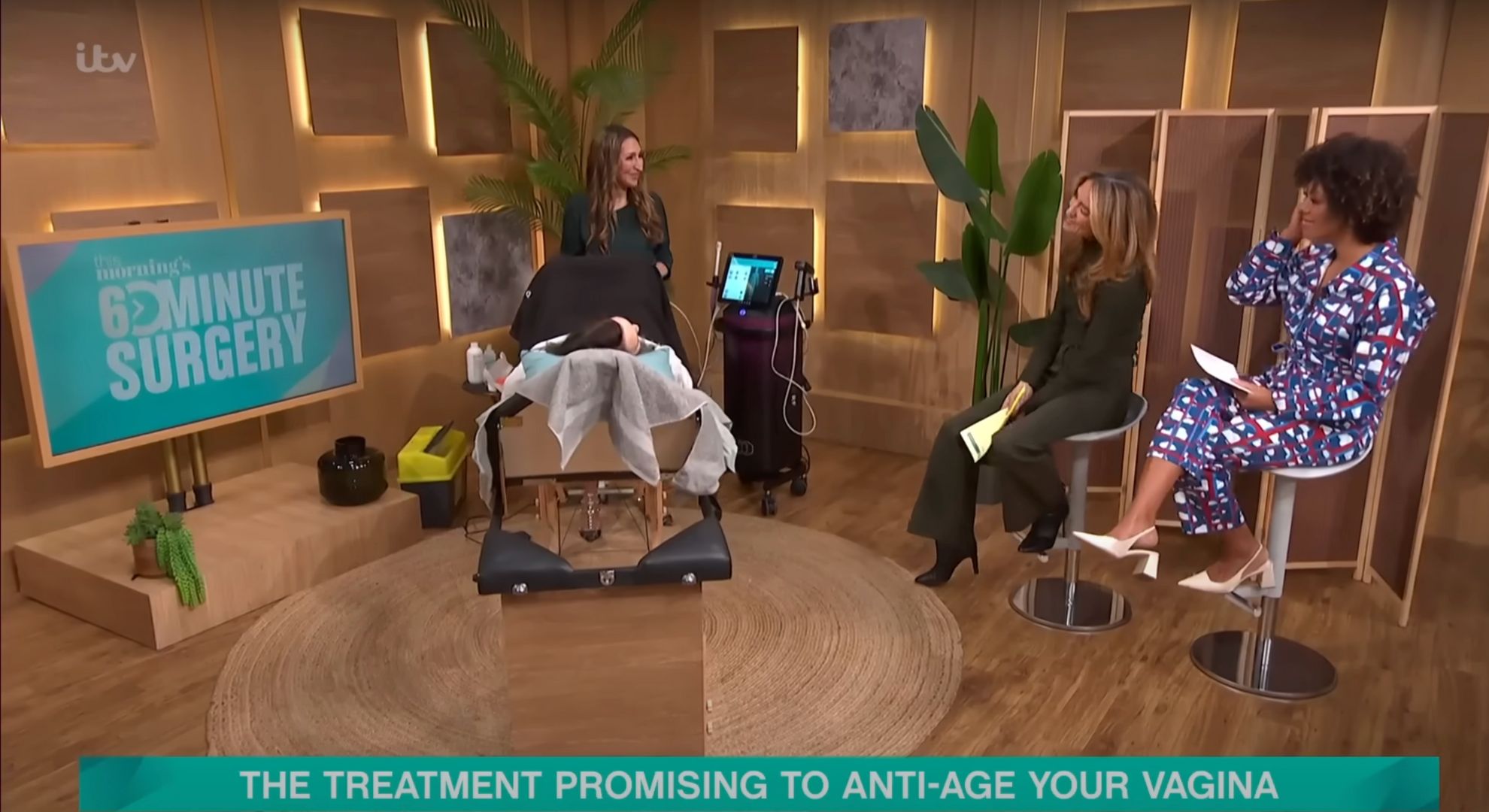 Cat and Dr Zoe watching a woman get anti-ageing treatment on her vagina on This Morning 