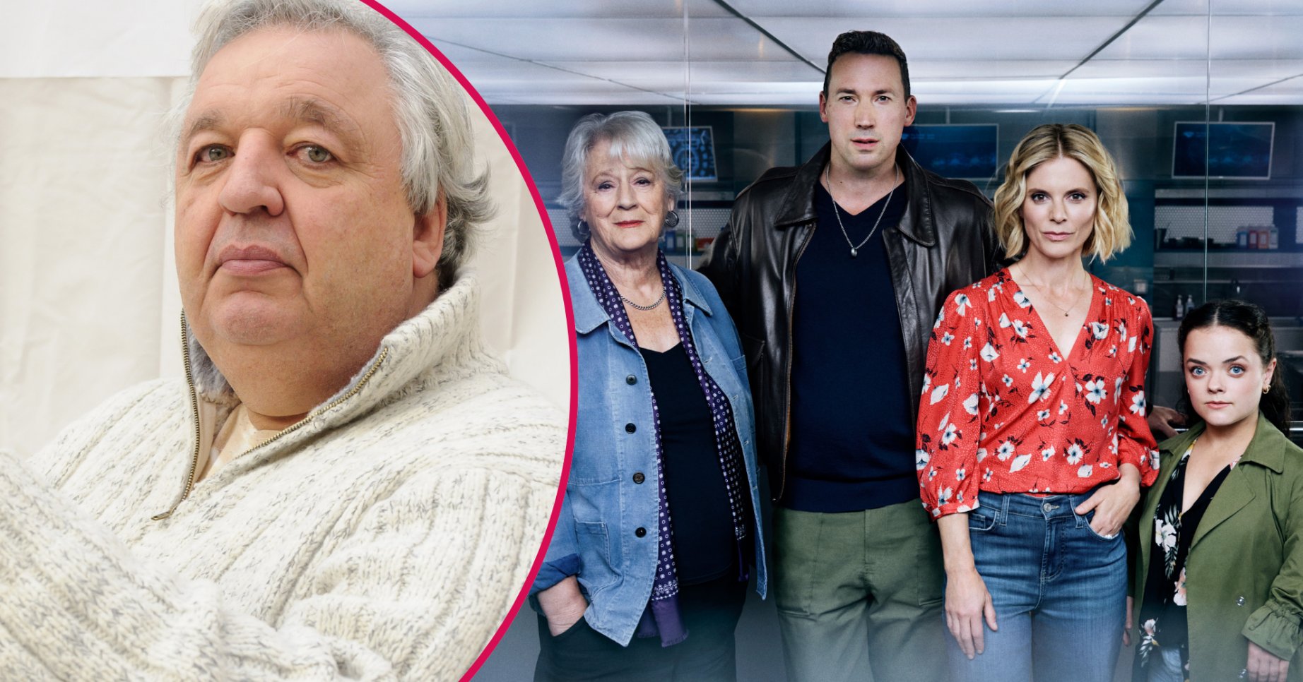 Silent Witness creator Nigel McCrery wearing a white jumper and the cast main