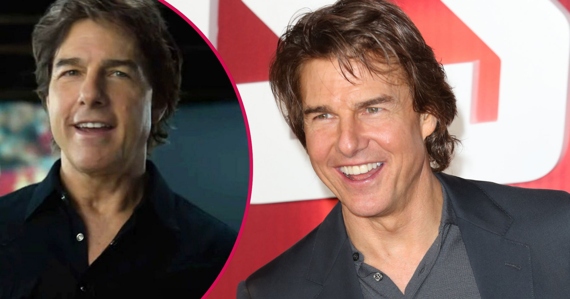 Tom Cruise on the red carpet in a suit and inset in his Super Bowl ad