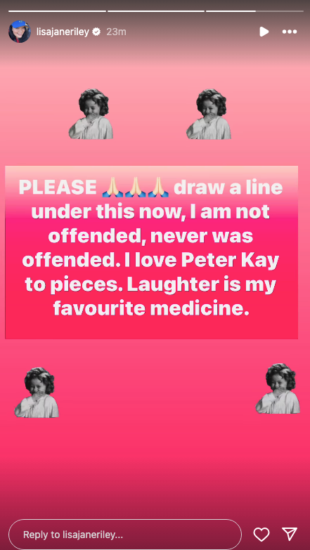 A pink screen shot that Lisa Riley posted