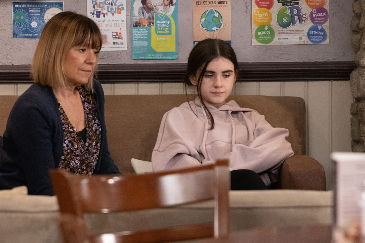 Emmerdale's April and Rhona miserable