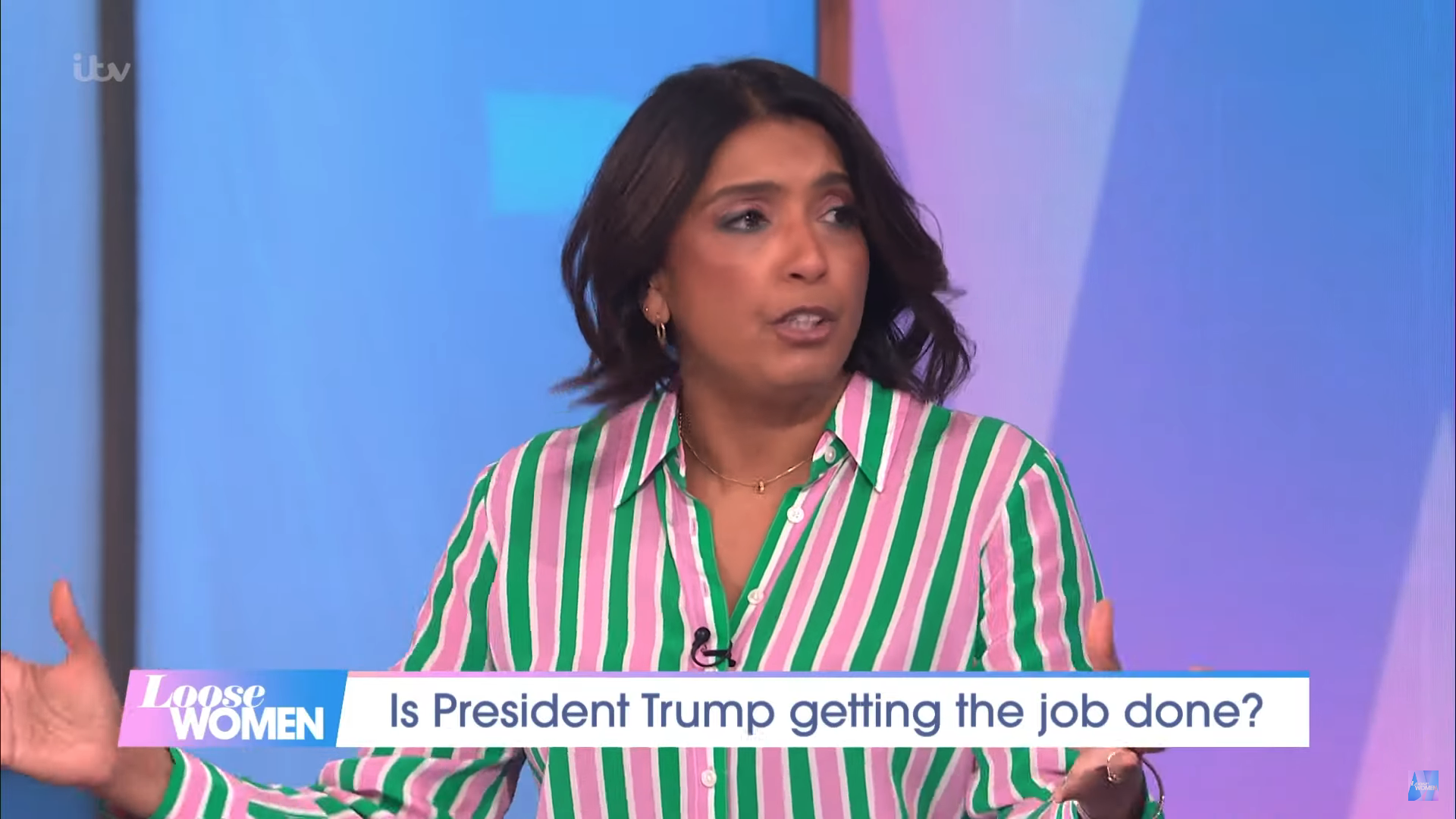 Sunetra Sarker on Loose Women in a striped top