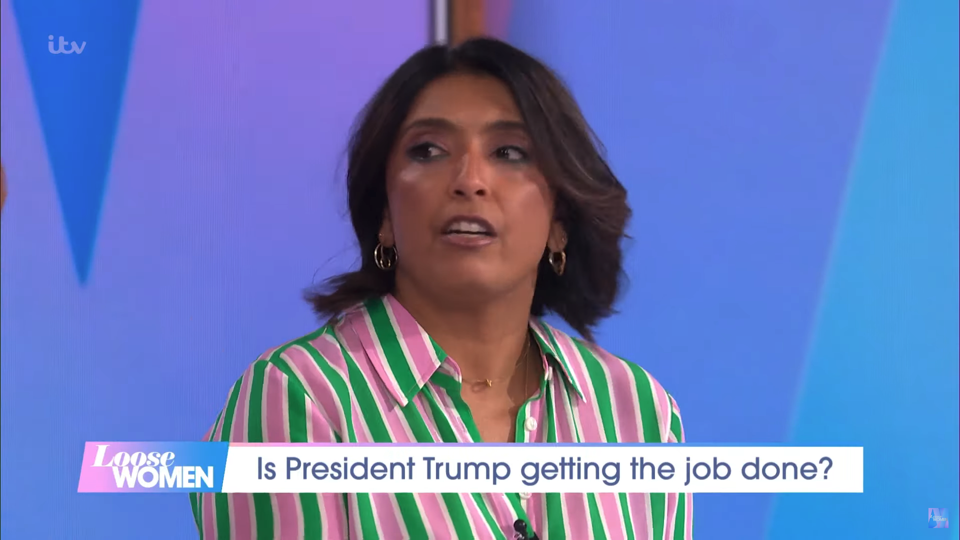 Sunetra Sarker on Loose Women in a striped top