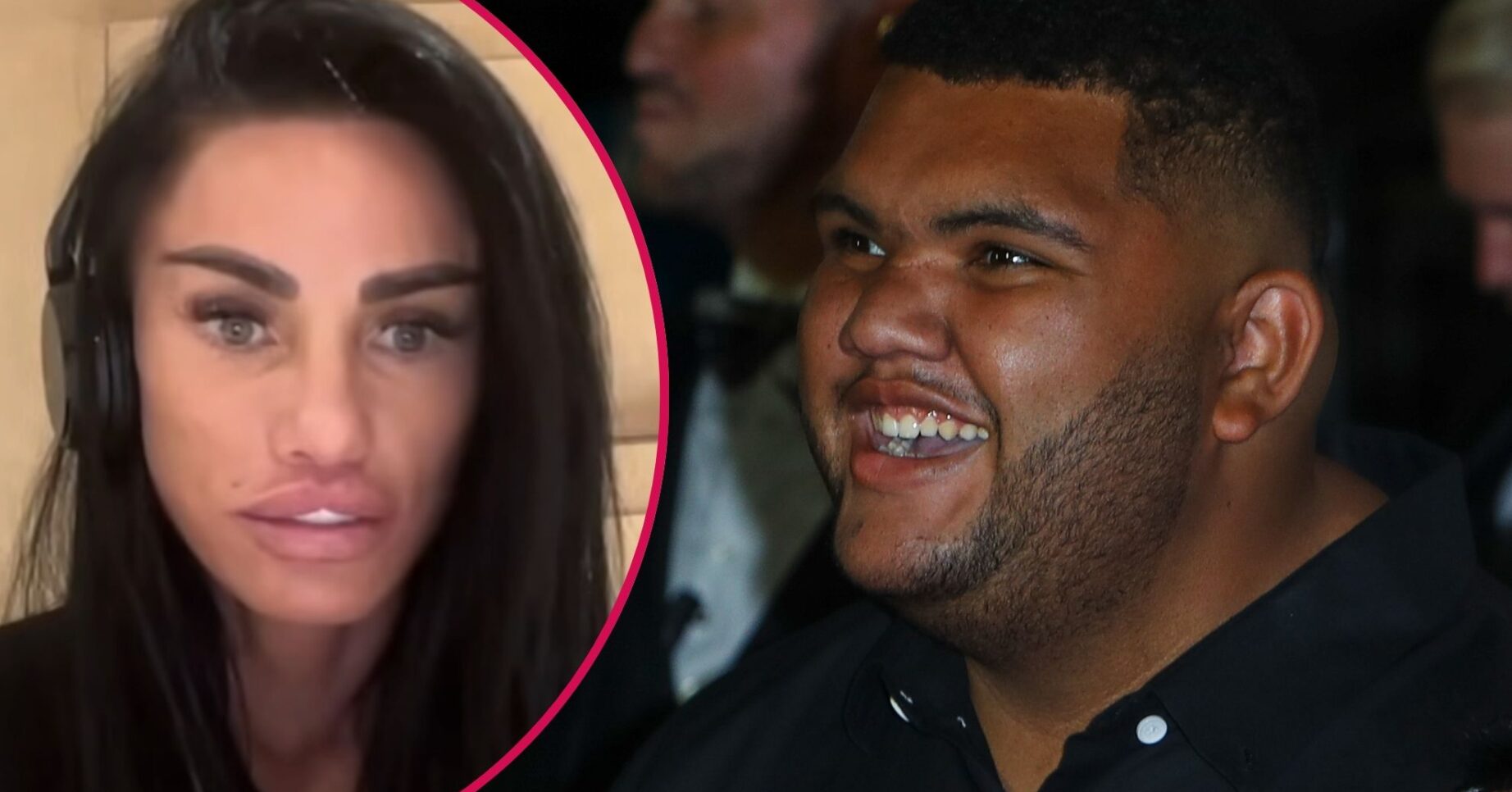 Katie Price with a shocked expression beside a smiling Harvey Price