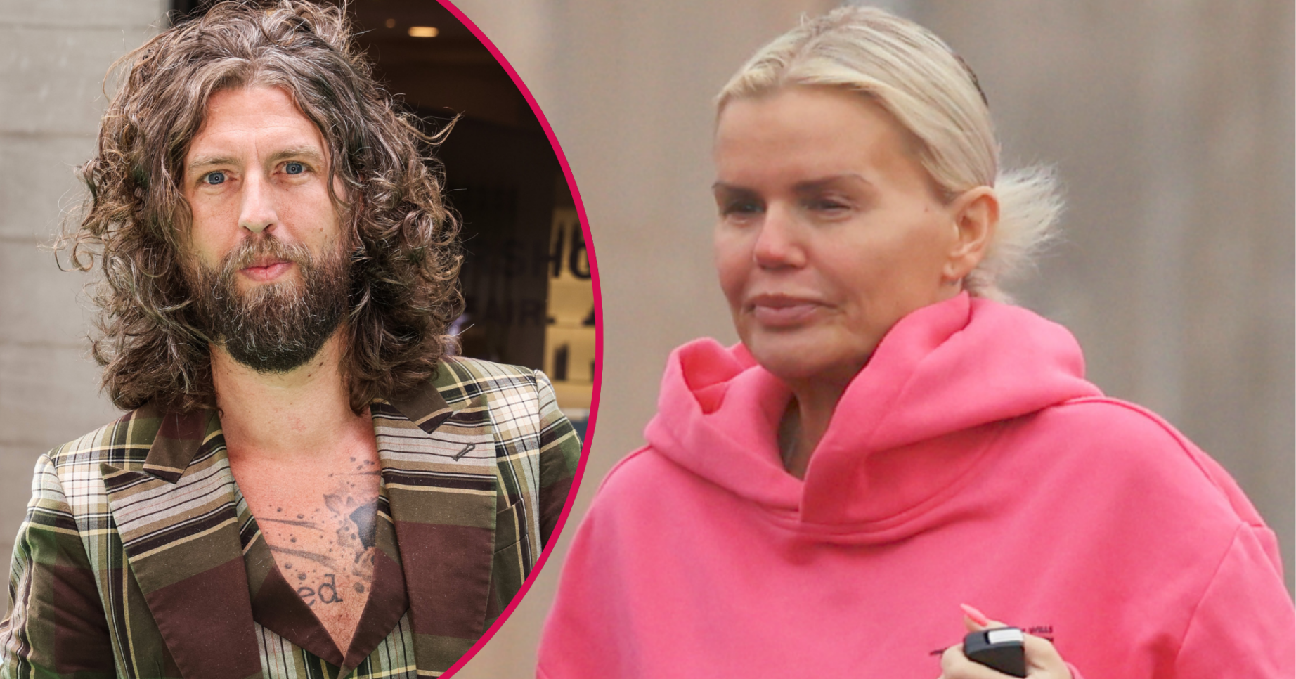 Jameson Stocks wearing a tartan suit and Kerry Katona in a pink tracksuit