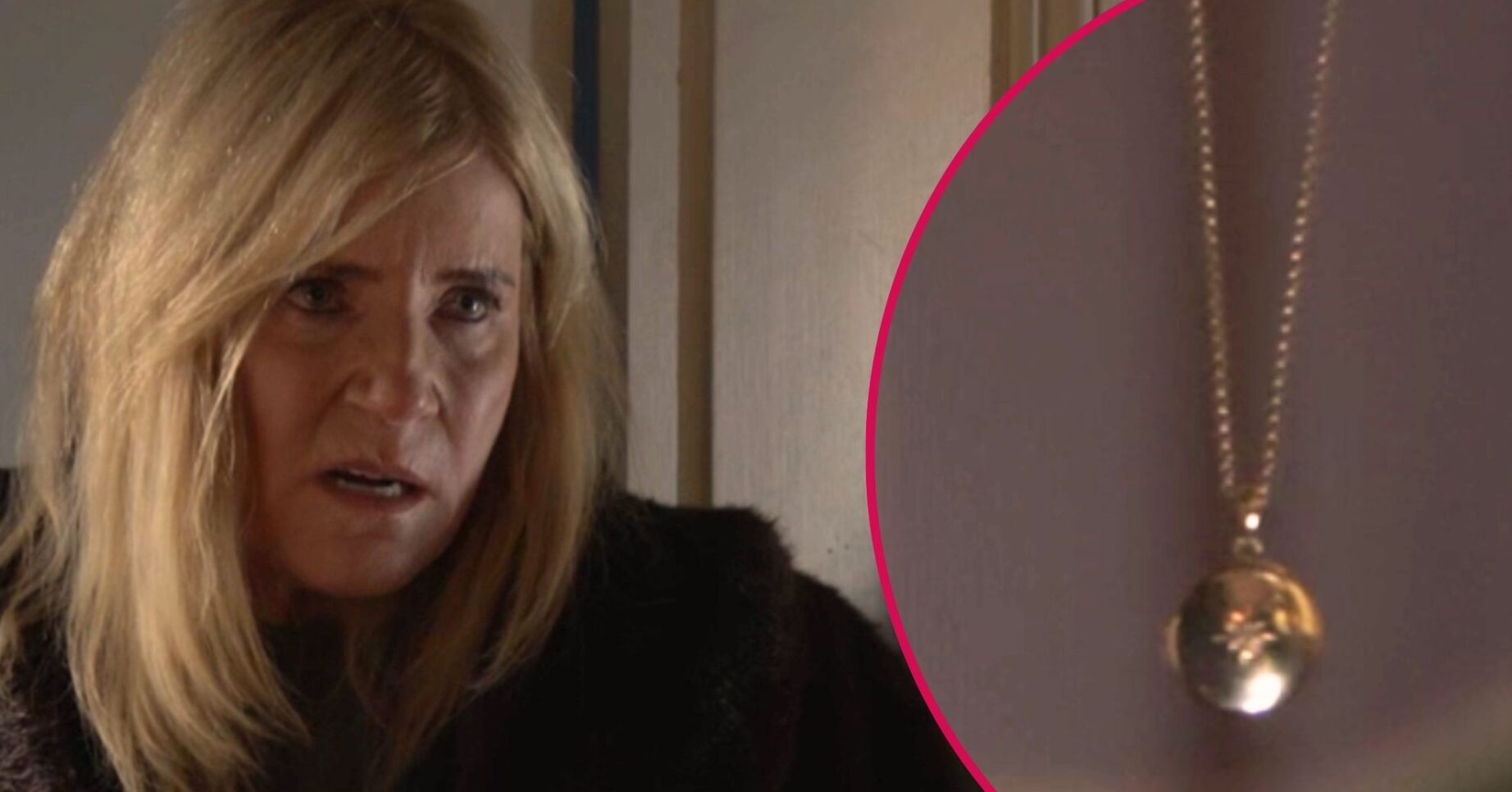 Cindy on EastEnders looking angry; inset, her locket (Credit: BBC/Composite: ED!)