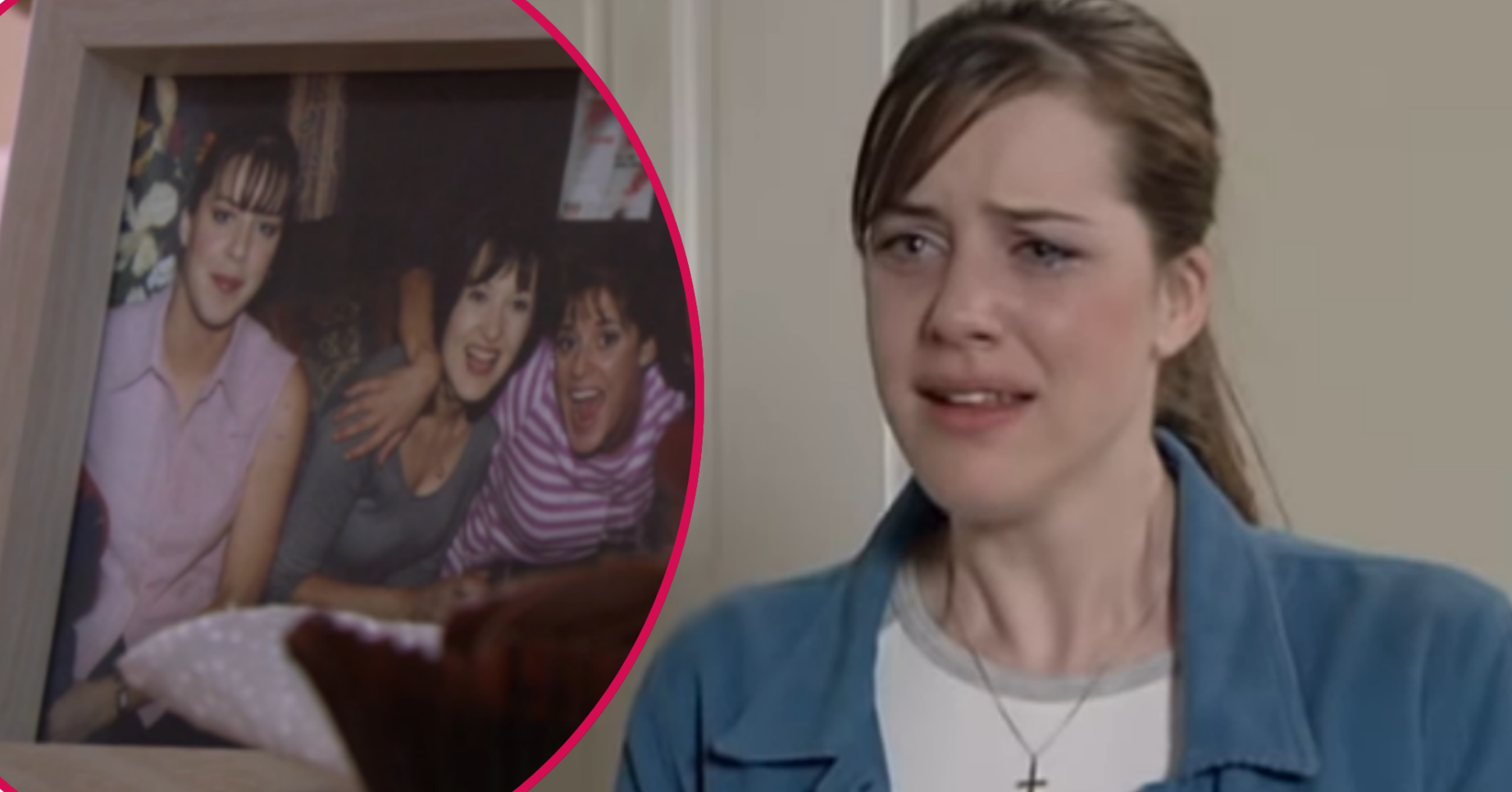 Zoe Slater crying on EastEnders; inset, a family portrait (Credit: BBC/Composite: ED!)