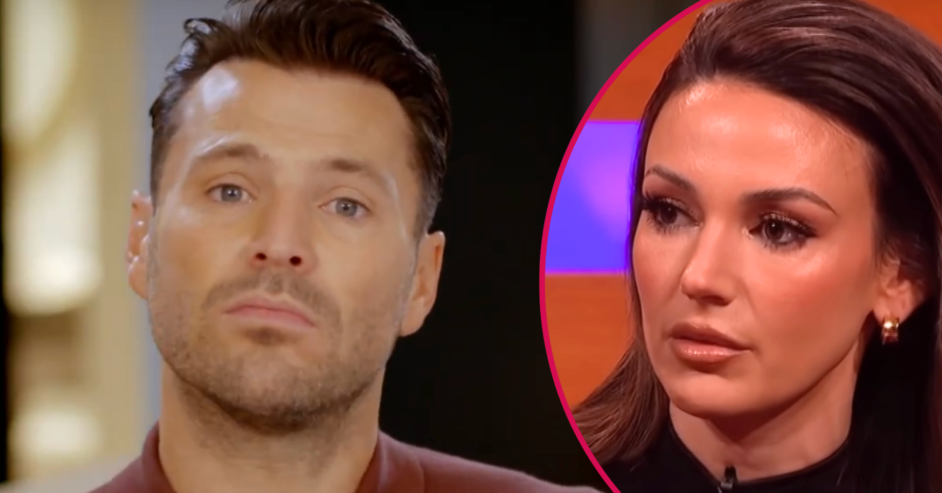 Mark Wright frowning beside a shocked Michelle Keegan