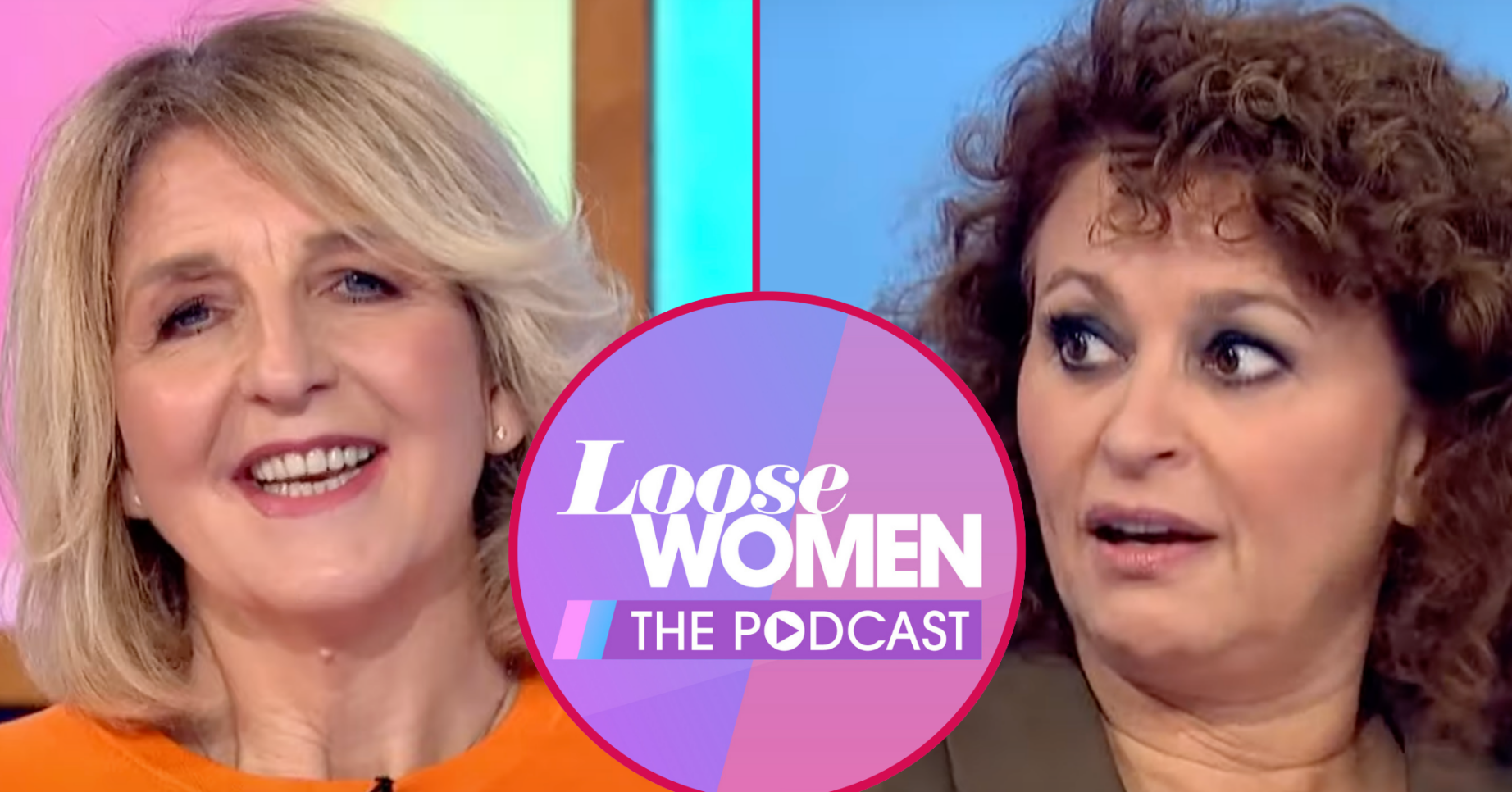 Kaye Adams smiling beside a shocked Nadia Sawalha and the Loose Women podcast logo