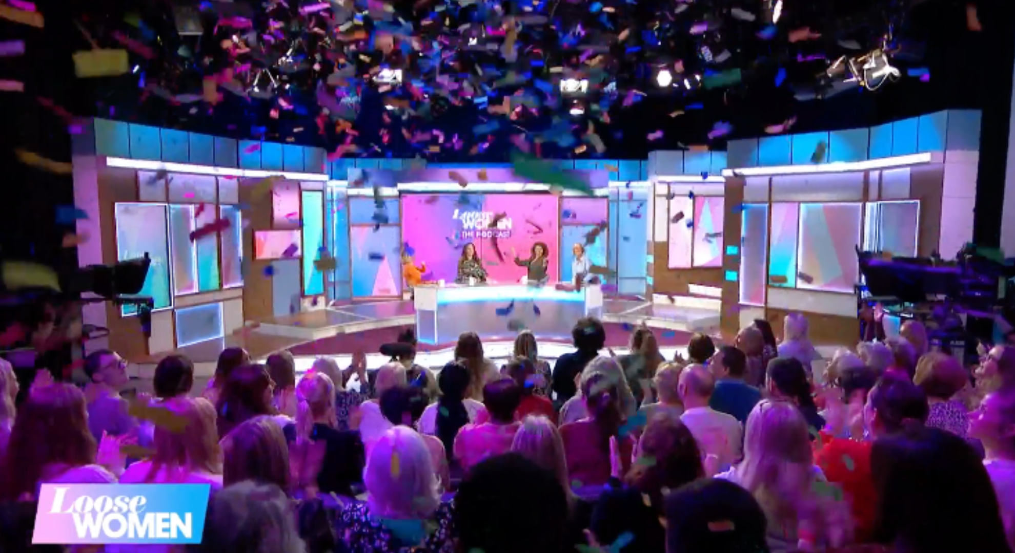 Loose Women studio with confetti tumbling down onto the audience