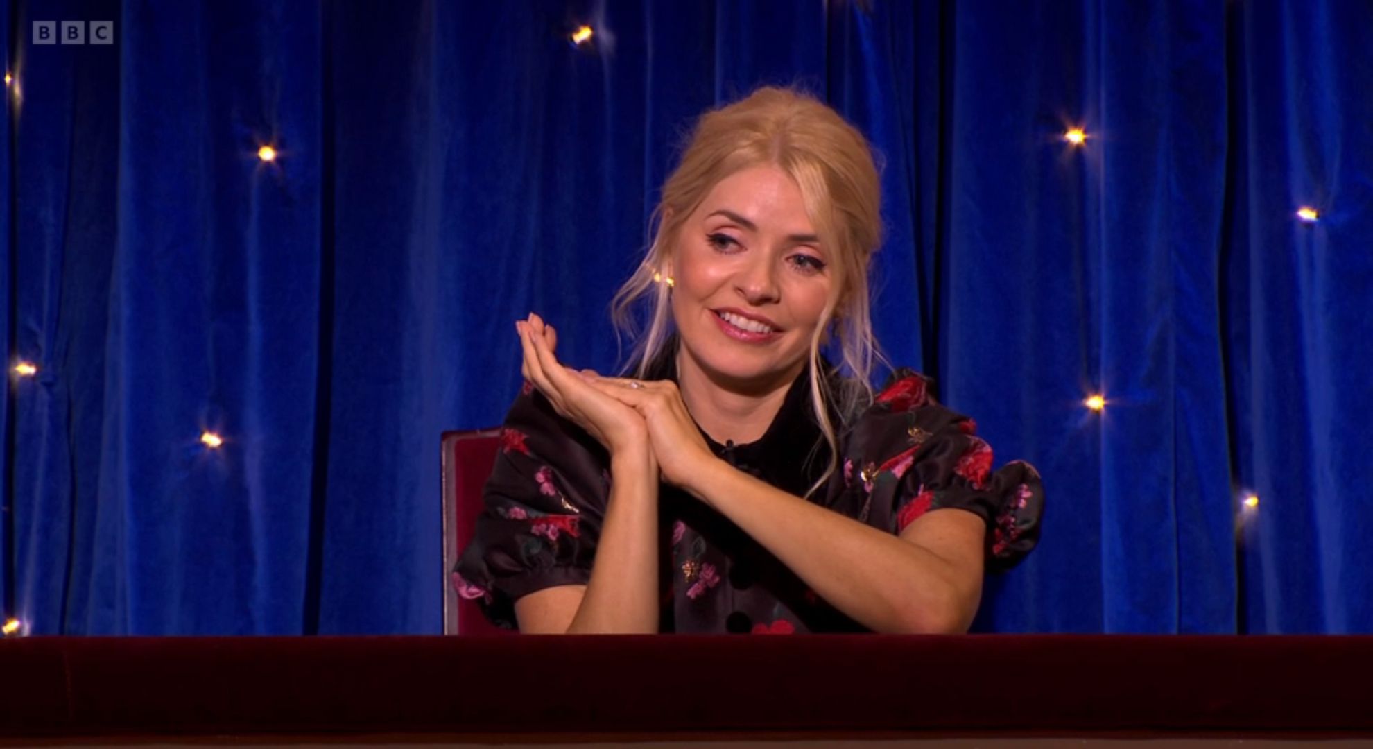 Holly Willoughby smiling on Michael McIntyre's Big Show