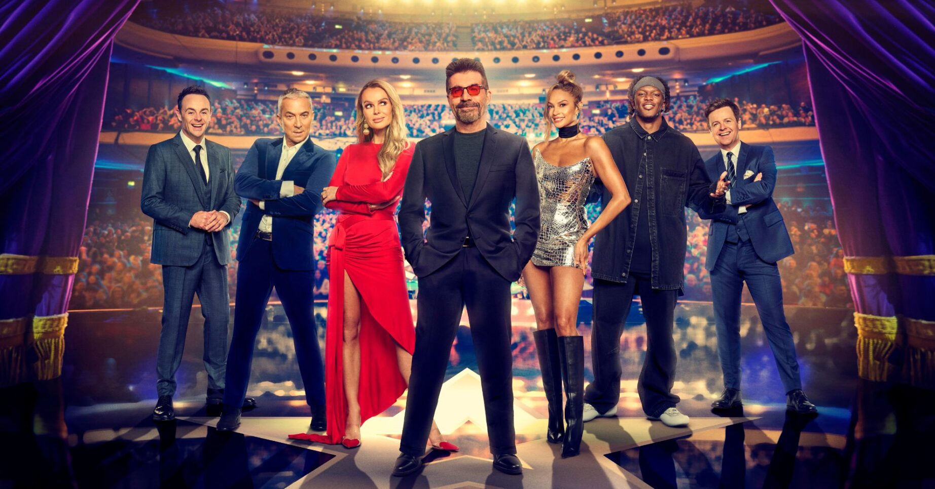 Ant and Dec, Bruno Tonioli, Amanda Holden, Simon Cowell, Alesha Dixon, and KSI in a Britain's Got Talent promo shot