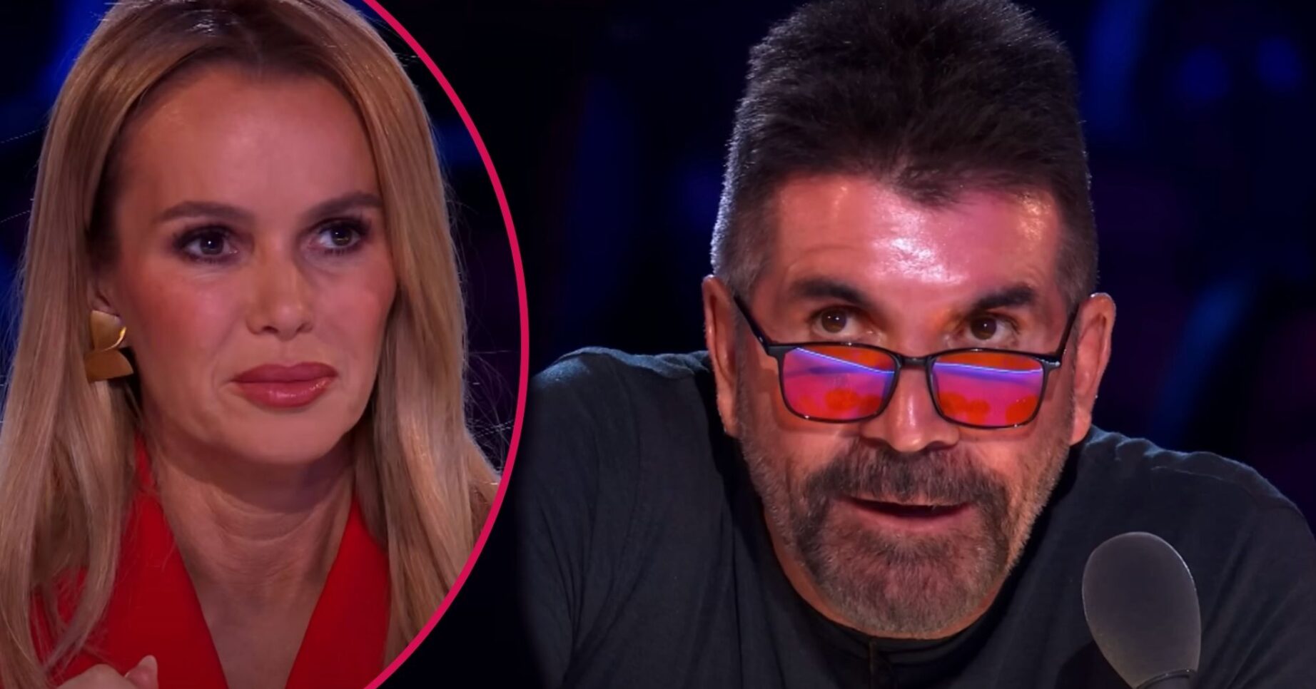 Amanda Holden looking disgusted / Simon Cowell looking intently