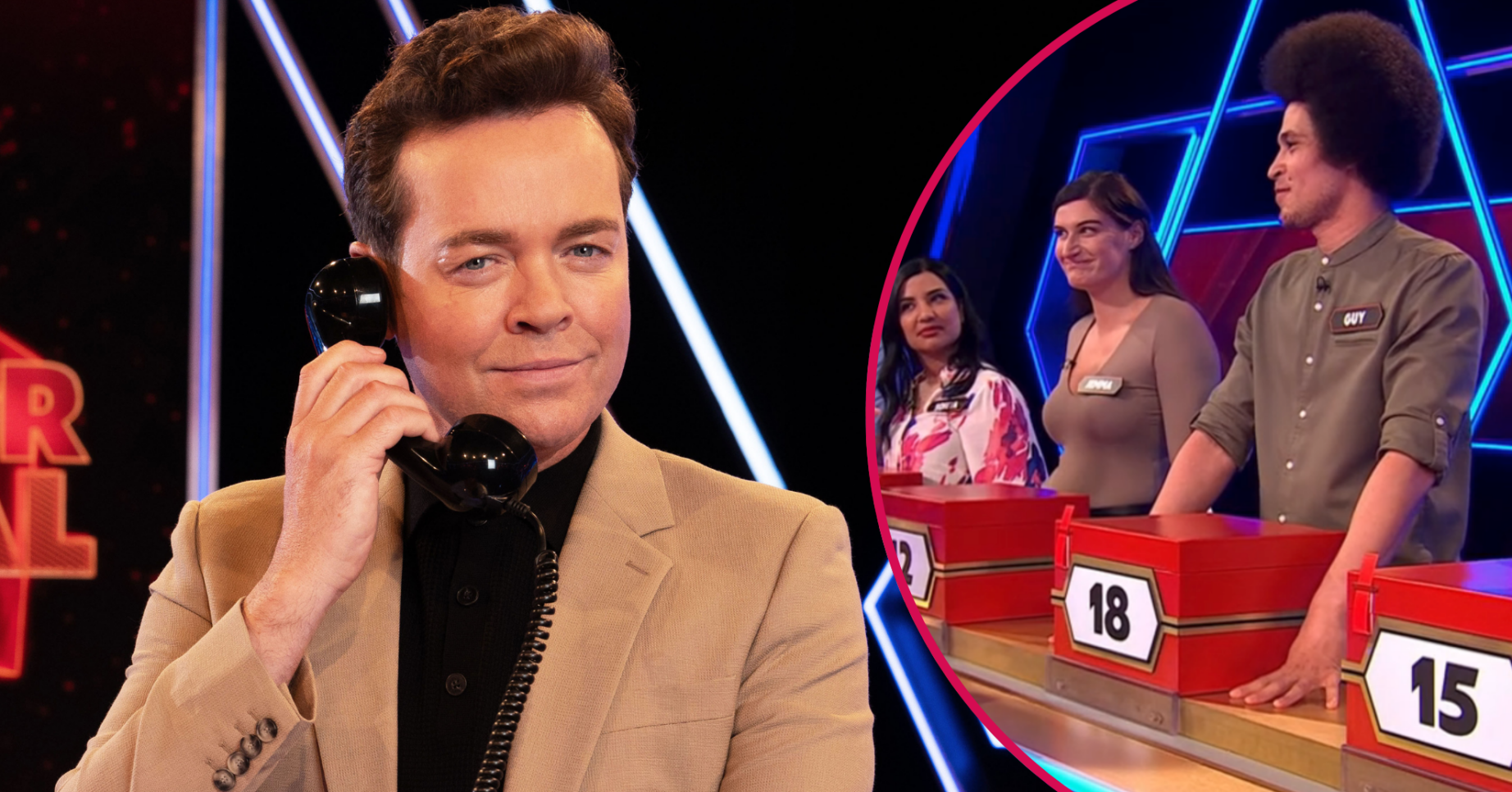Stephen Mulhern on the phone and players on Deal or No Deal