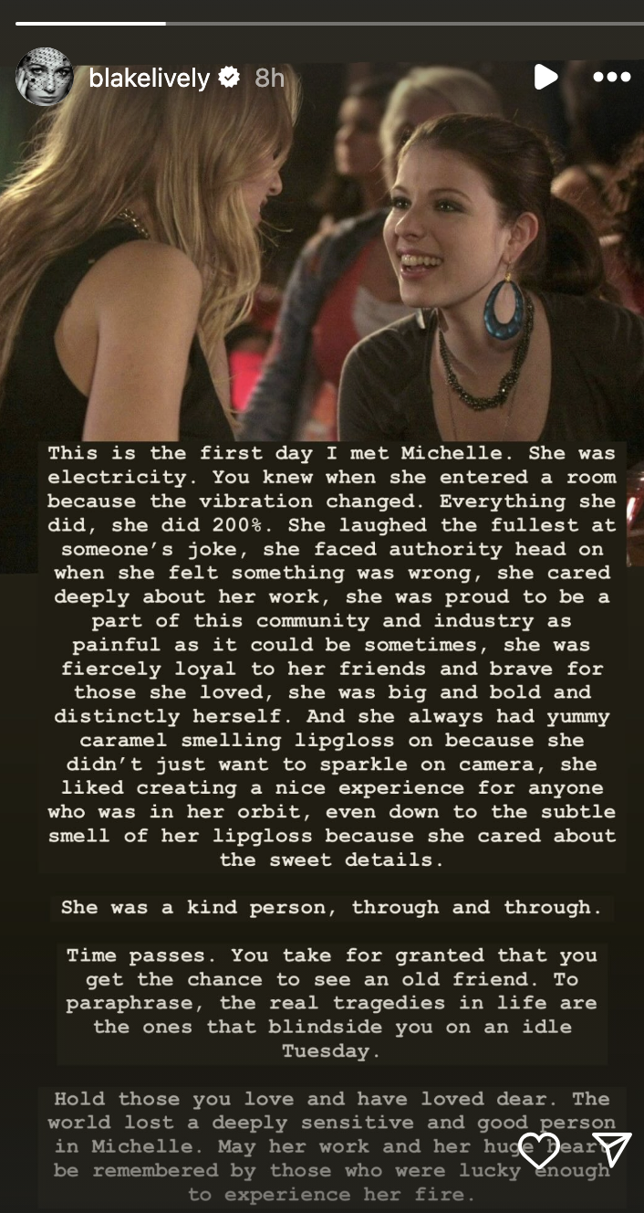 Blake Lively's social media tribute to Michelle Trachtenberg 