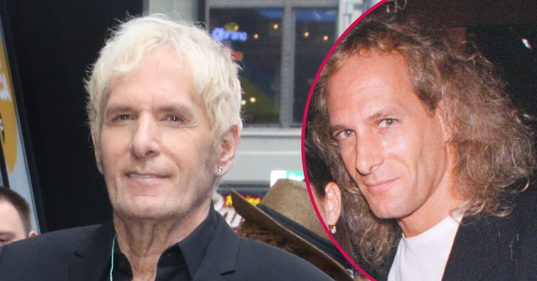 Michael Bolton looking to camera with short grey hair and his famous long hair