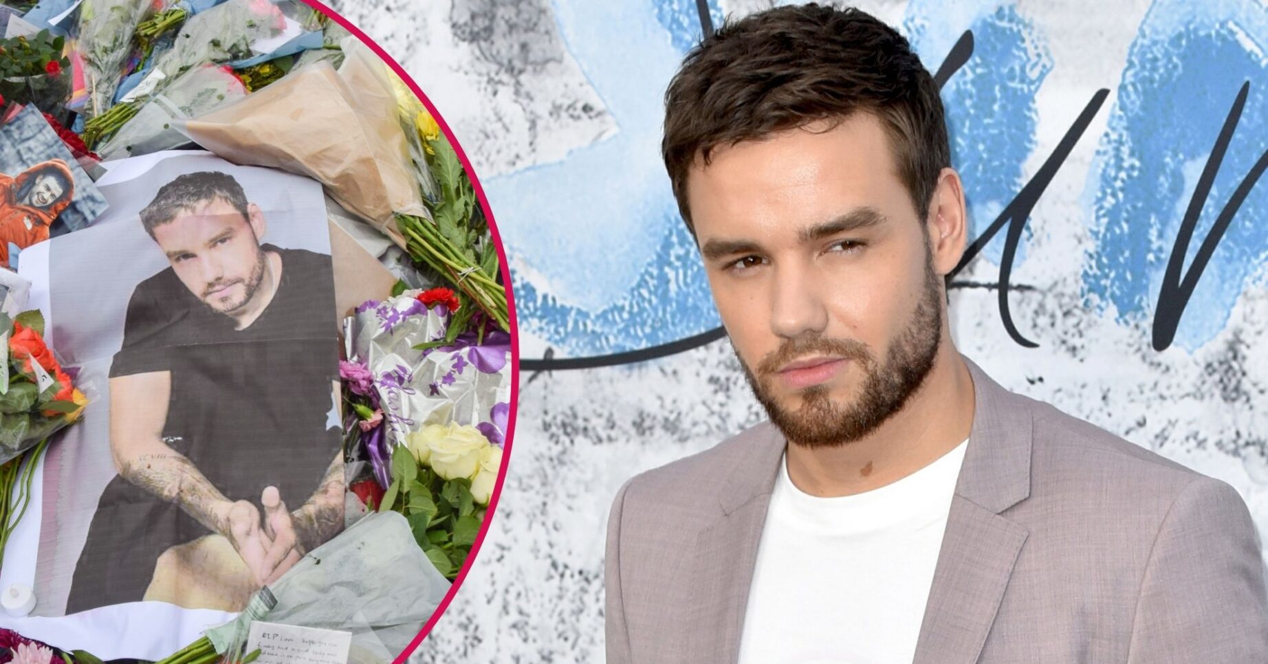 Liam Payne memorial beside picture of Liam payne on blue background