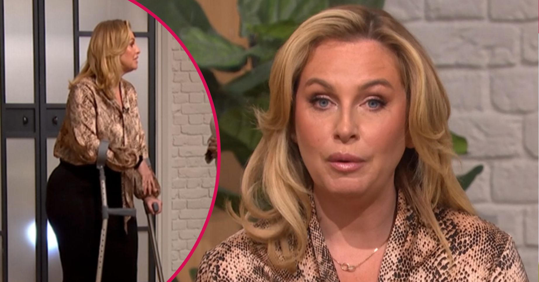 Josie Gibson speaking to camera and on crutches