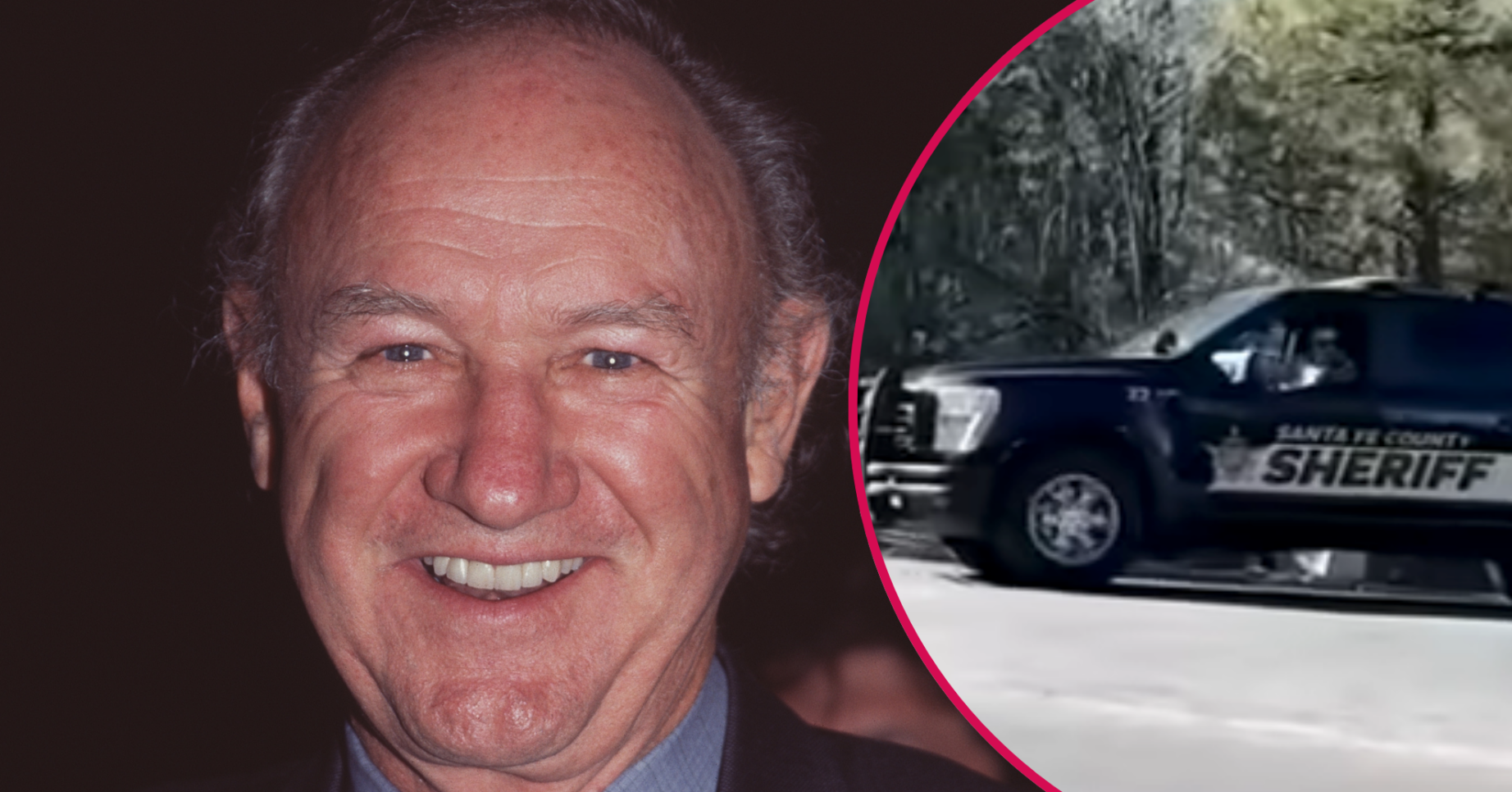 Gene Hackman smiling and a police car outside his home