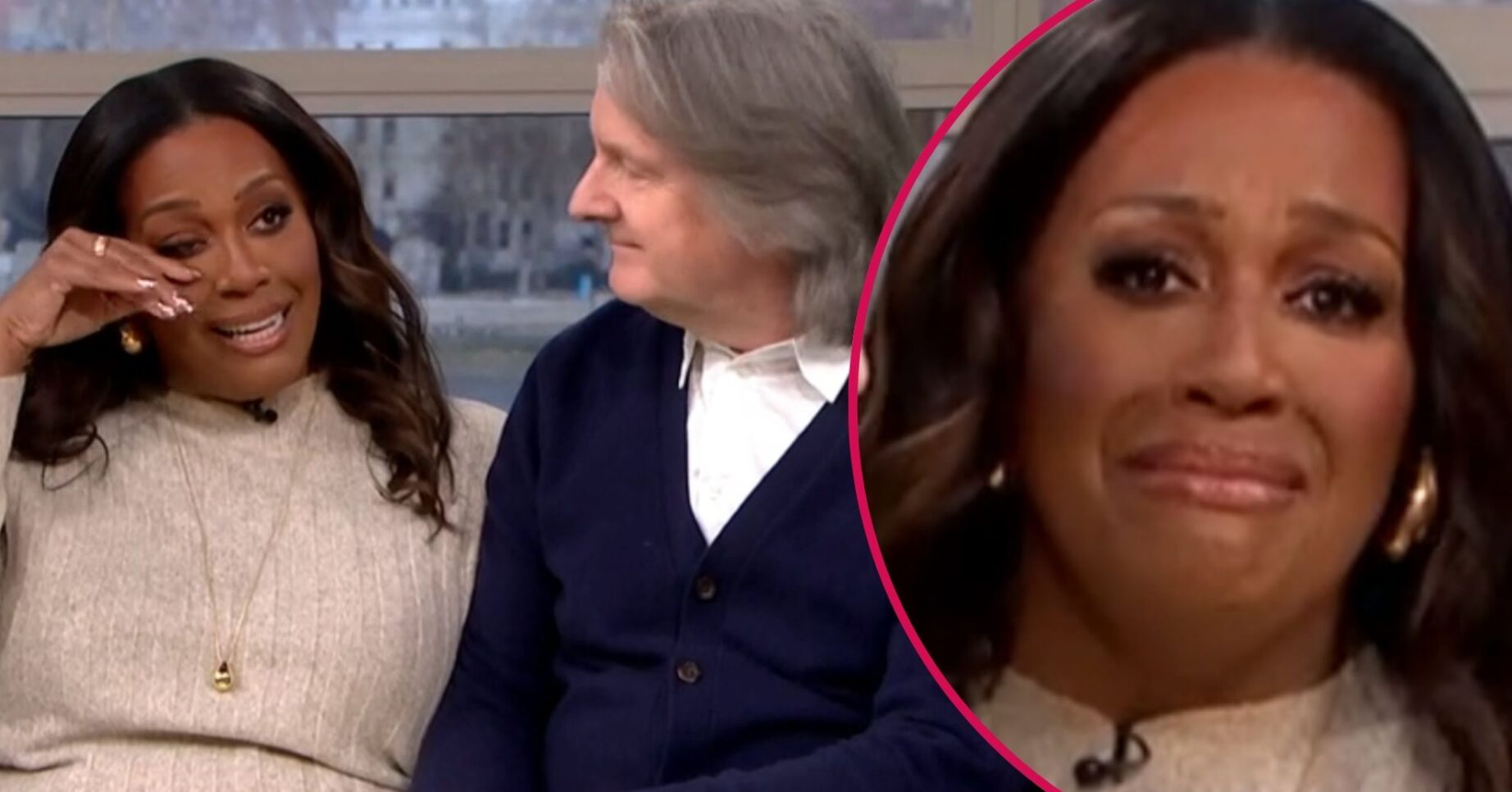 Alison Hammond crying beside as Martin Frizell looks at her beside a cut out of Alison crying close-up