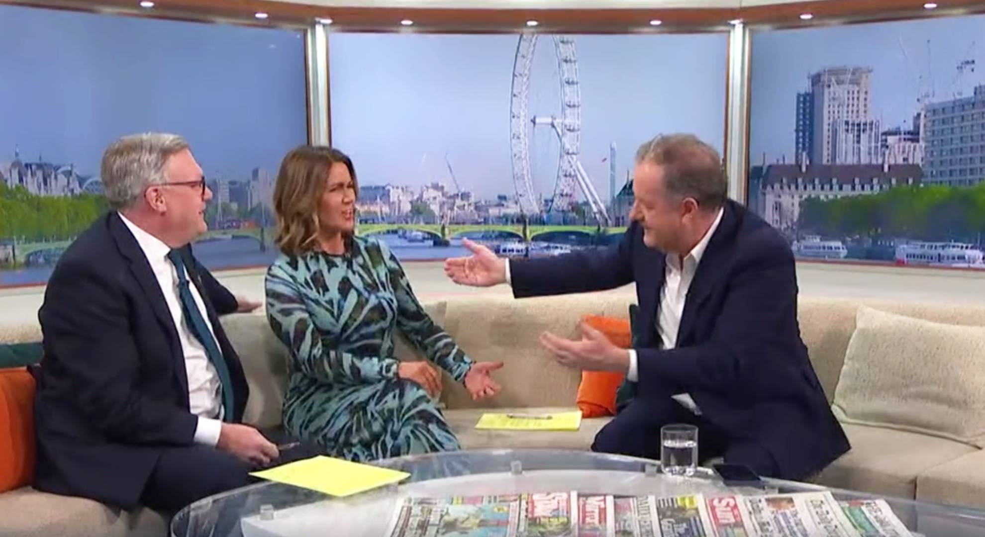 Susanna Reid reacts as Piers Morgan reaches for a hug