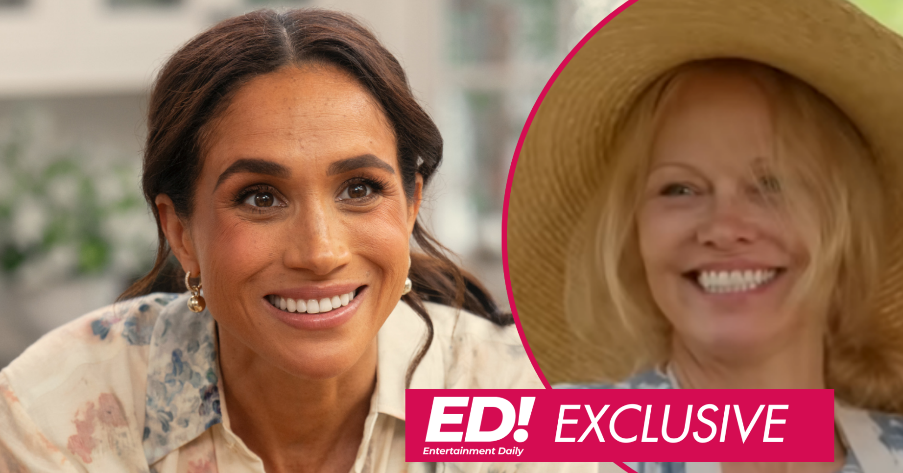 Meghan Markle smiling and Pamela Anderson inset