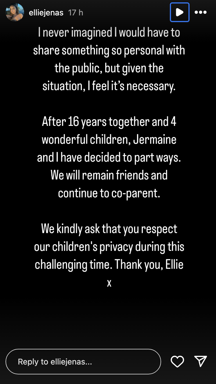 Ellie Jenas' statement on Instagram