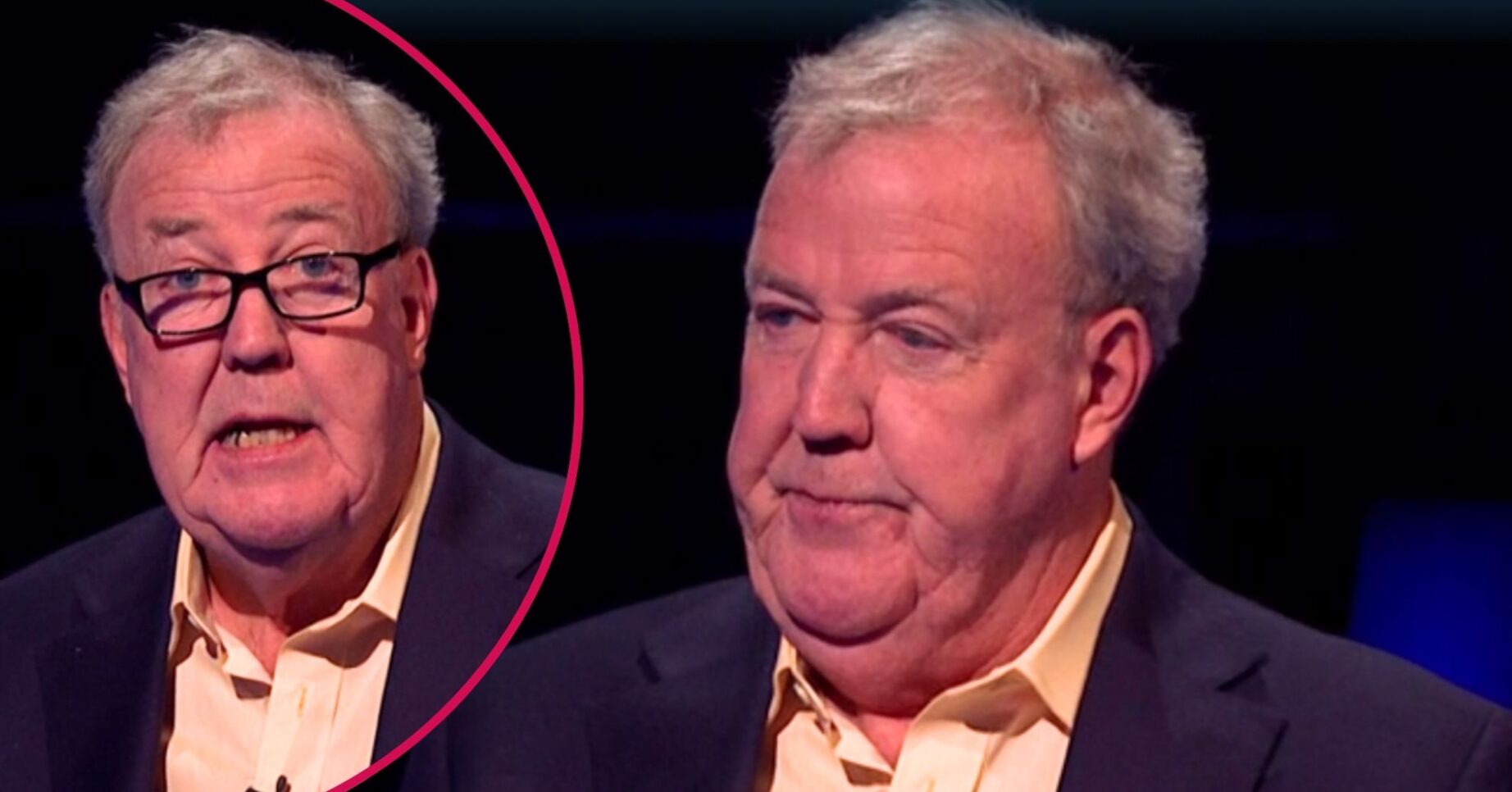 Who Wants to Be a Millionaire? host Jeremy Clarkson looks at the camera, appears concerned