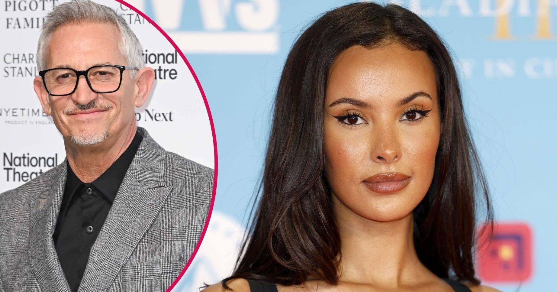Gary Lineker smiling with glasses / Maya Jama posing for the camera
