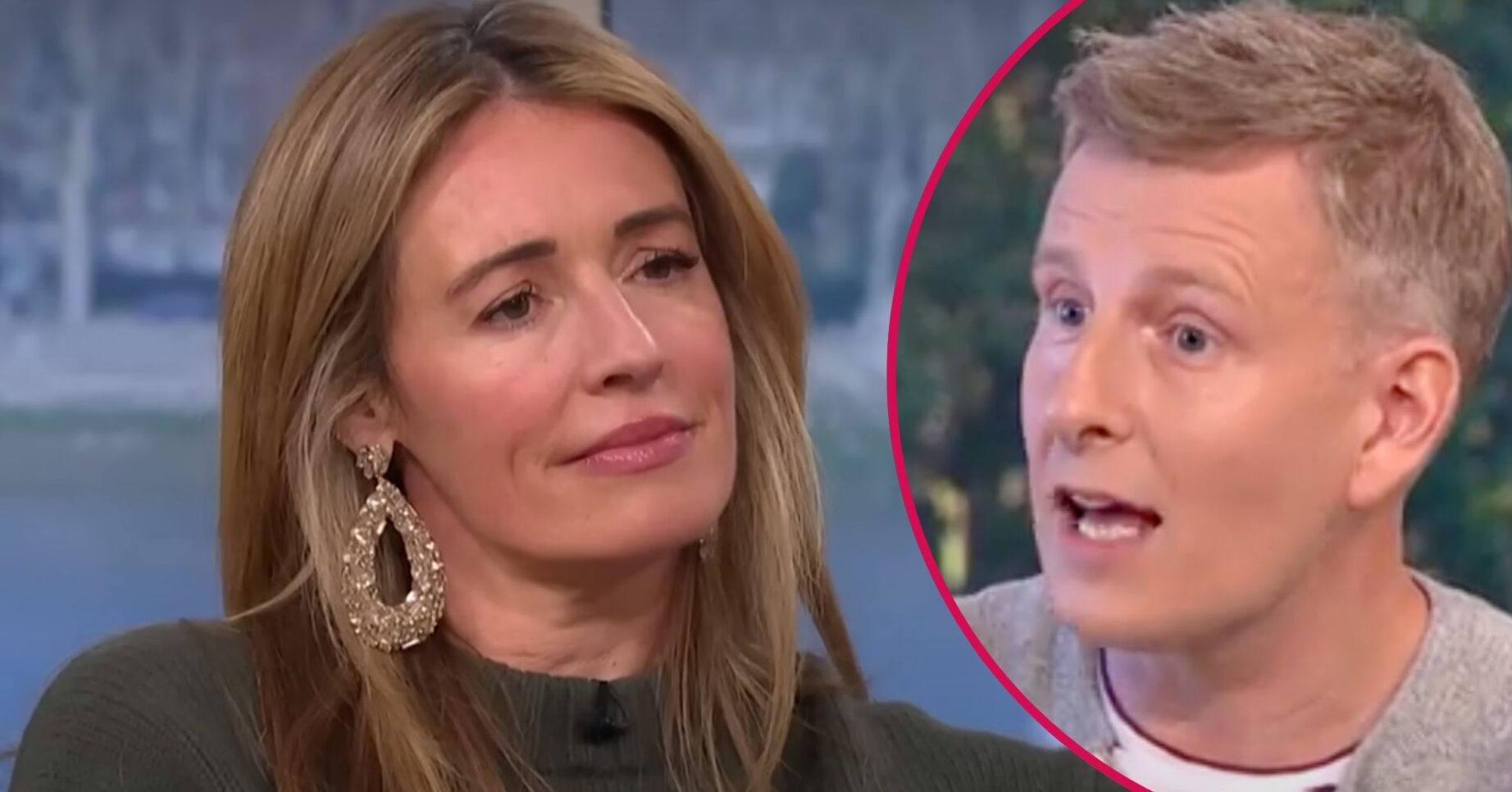 Cat Deeley looks unsure, Patrick Kielty looks surprised