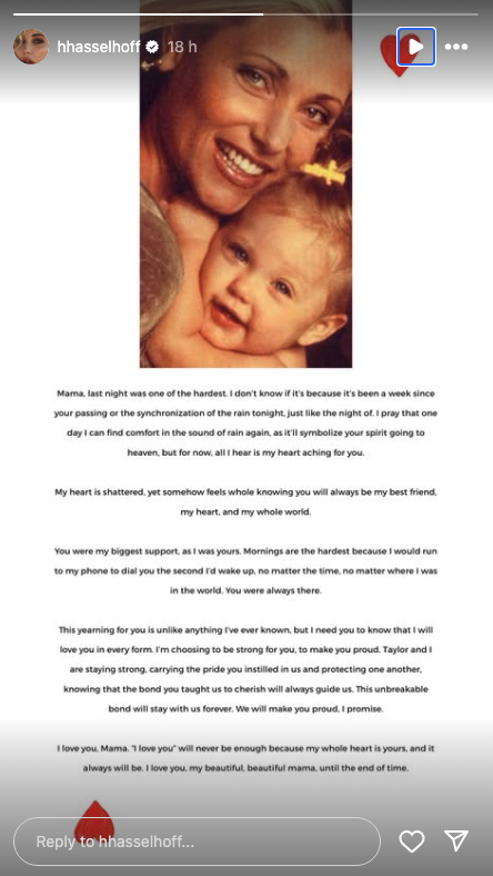 Hayley Hasselhoff's tribute to her mum Pamela Bach