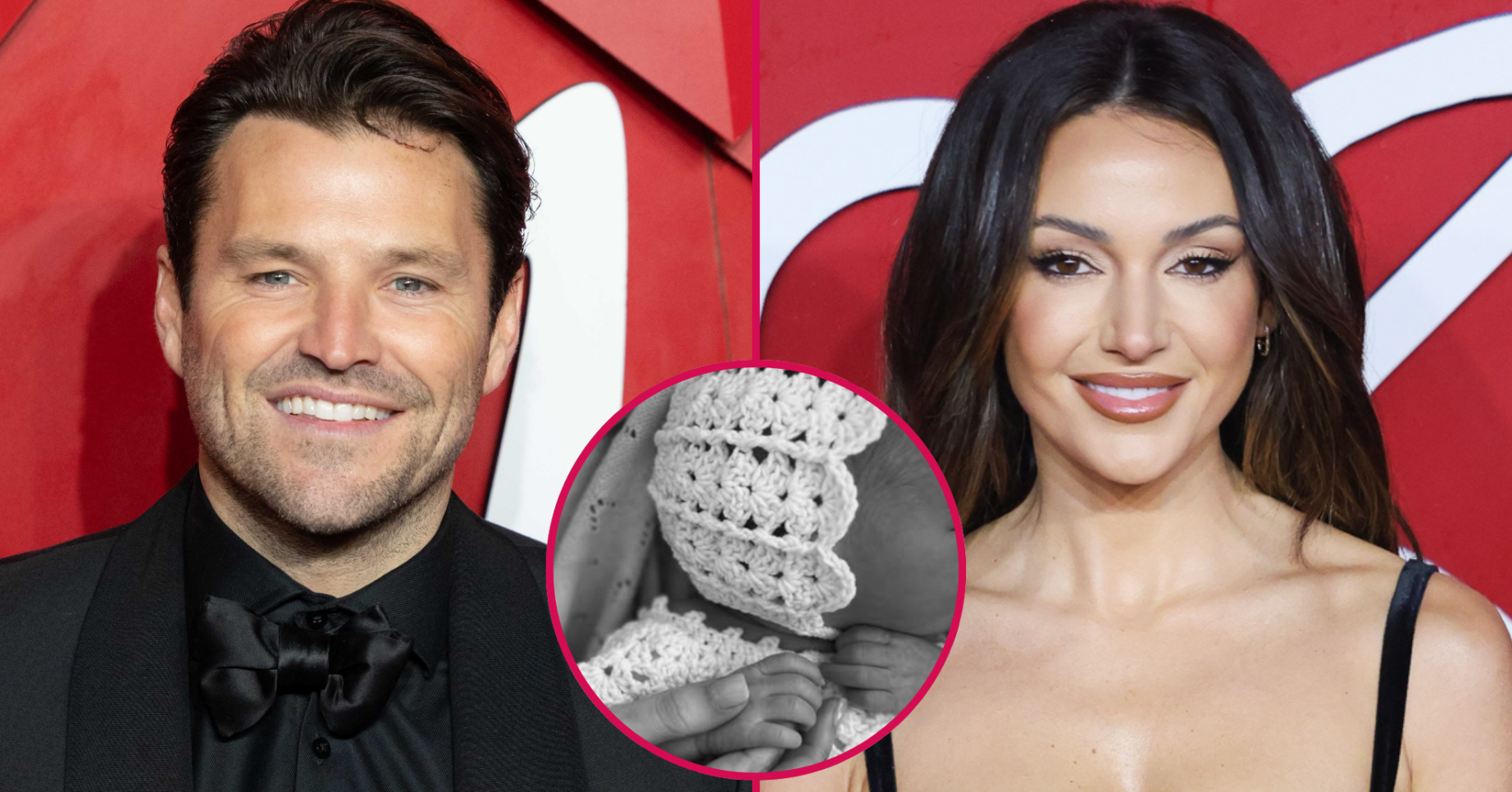 Mark Wright smiling against a red background with Michelle Keegan and baby Palma inset