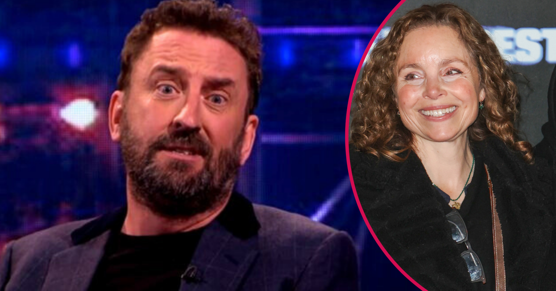 Lee Mack pulling a funny face and his wife smiling inset