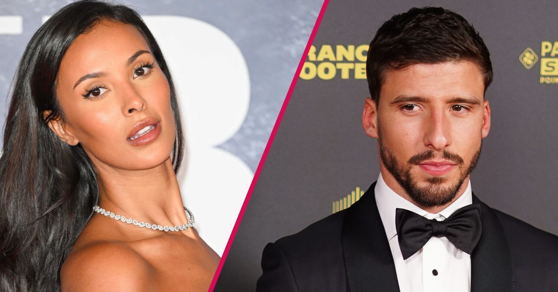 Maya Jama posing on the red carpet / Ruben Dias in a tuxedo