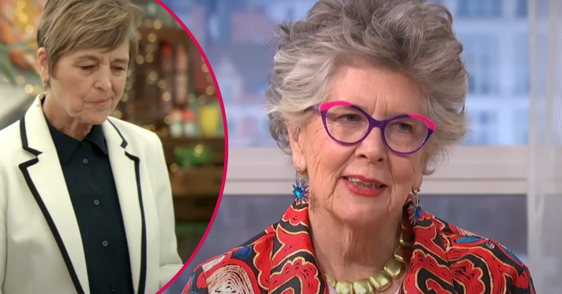 Prue Leith in a red floral top and Caroline from the Bake Off