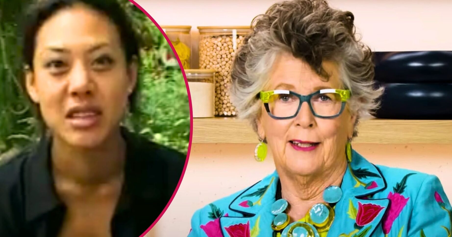 Prue Leith in a colourful suit with her daughter Li-Da overlaid