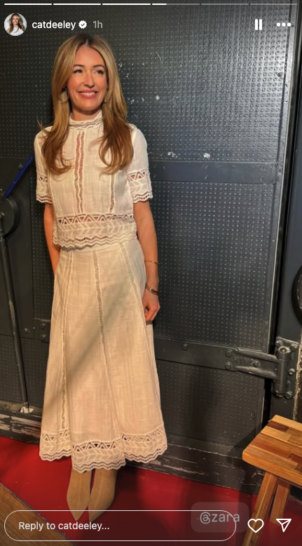 Cat Deeley wearing a cream outfit in a TV studio