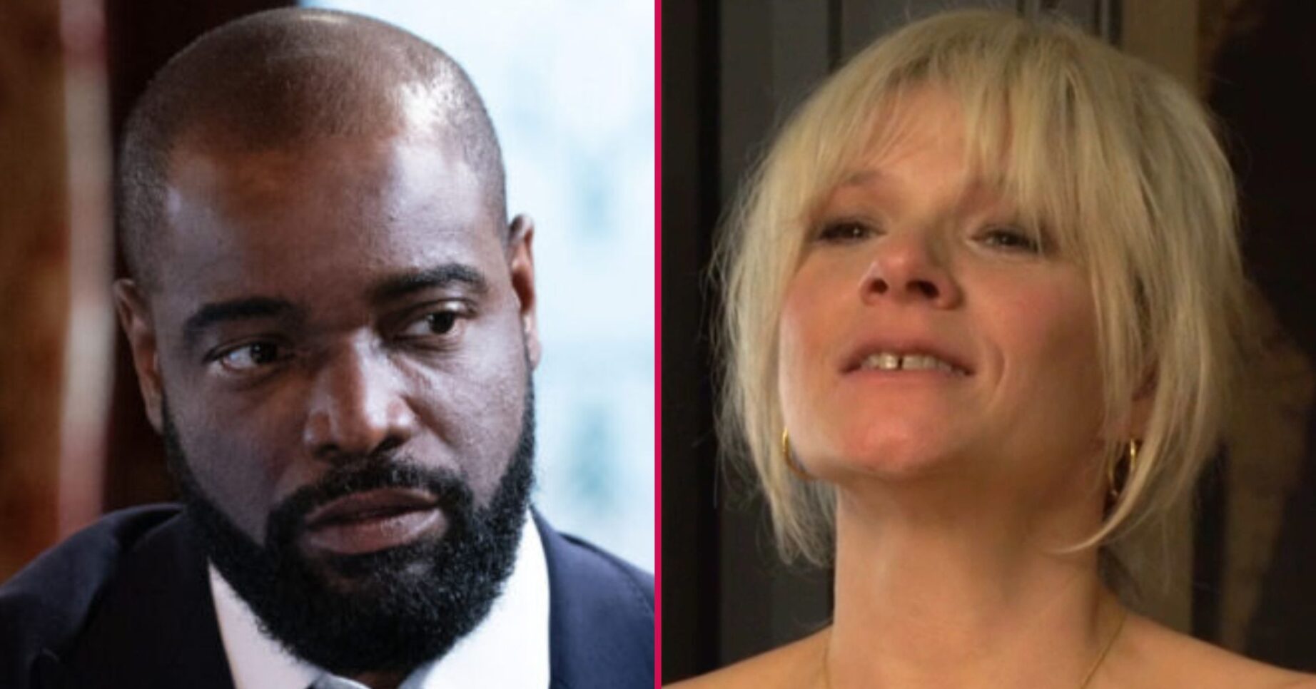 Composite image of Nicola and Junior on EastEnders; he looks conflicted, she's smiling, naked (Credit: BBC/Composite: ED!)