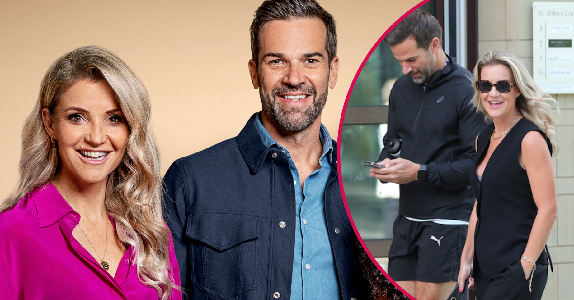 Helen Skelton smiling with Gethin Jones and the pair walking in the street together