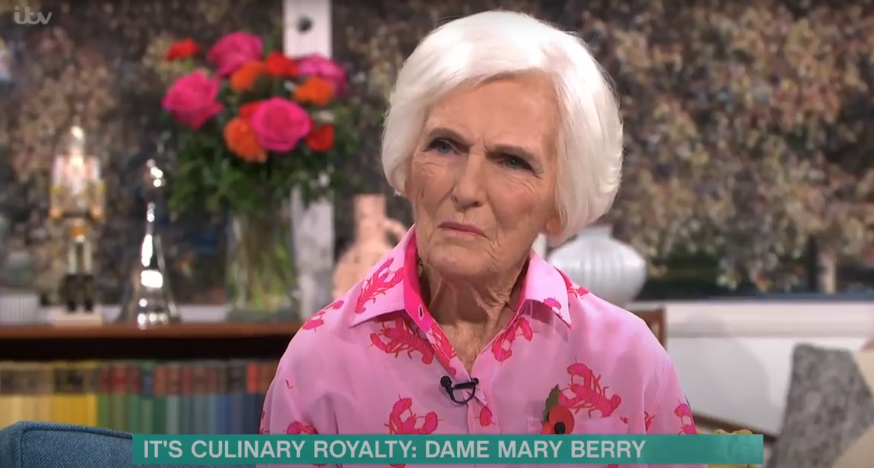 Mary Berry speaking on This Morning in a pink top