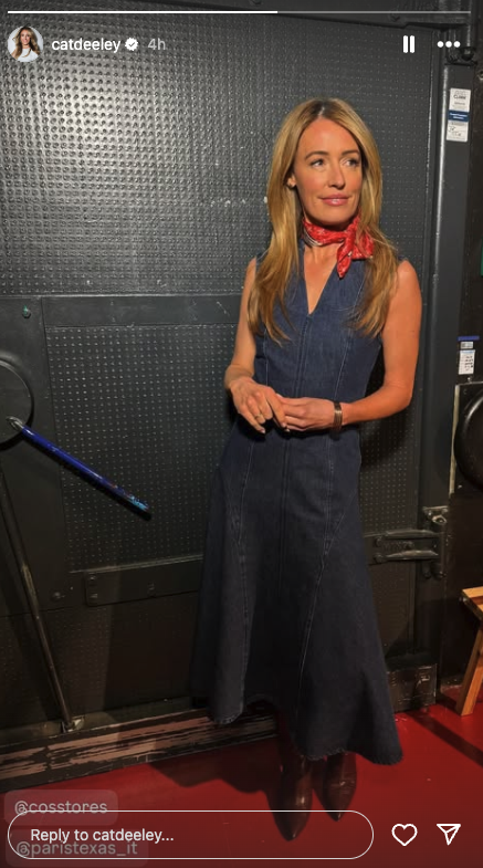 Cat Deeley smiling in a denim dress