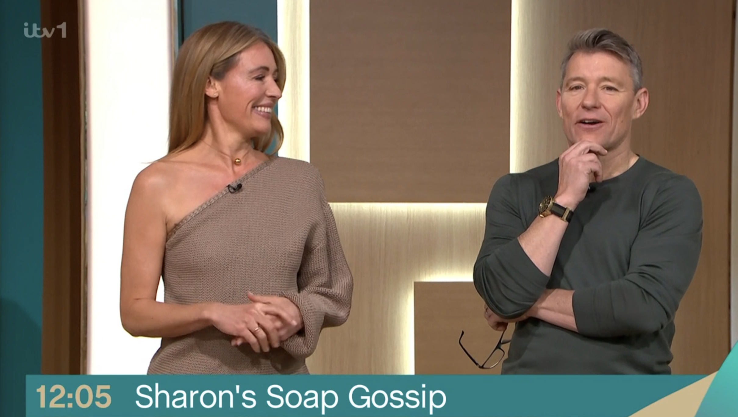 Cat Deeley smiling at Ben Shephard on This Morning