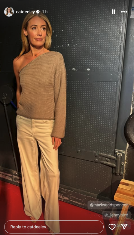 Cat Deeley posing in a neutral outfit on This Morning