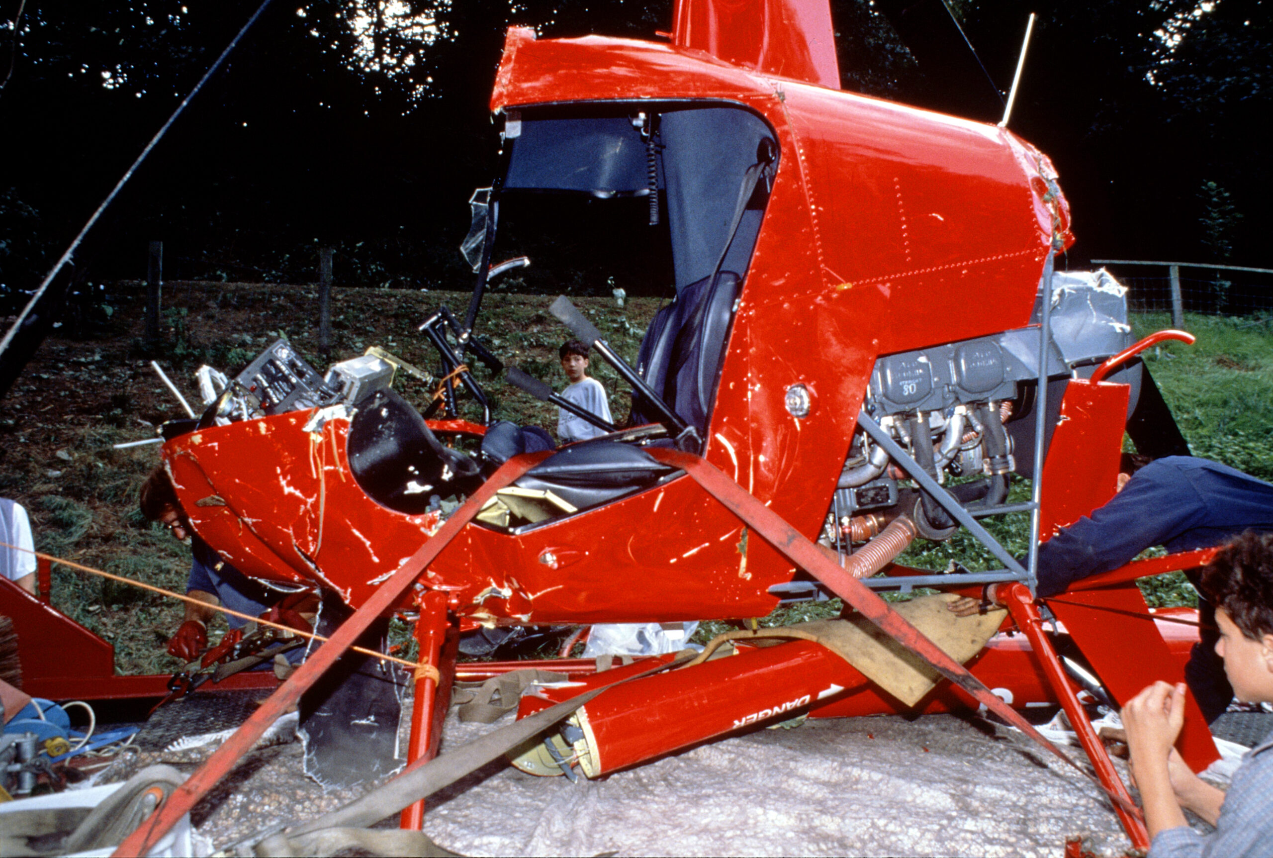 A crushed helicopter after a crash