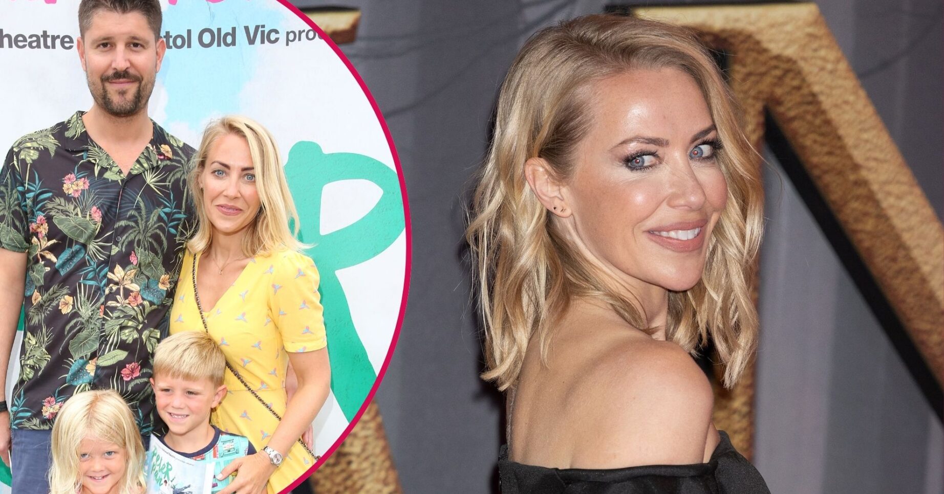 Laura Hamilton on the red carpet/Laura Hamilton and Alex Goward with their two kids