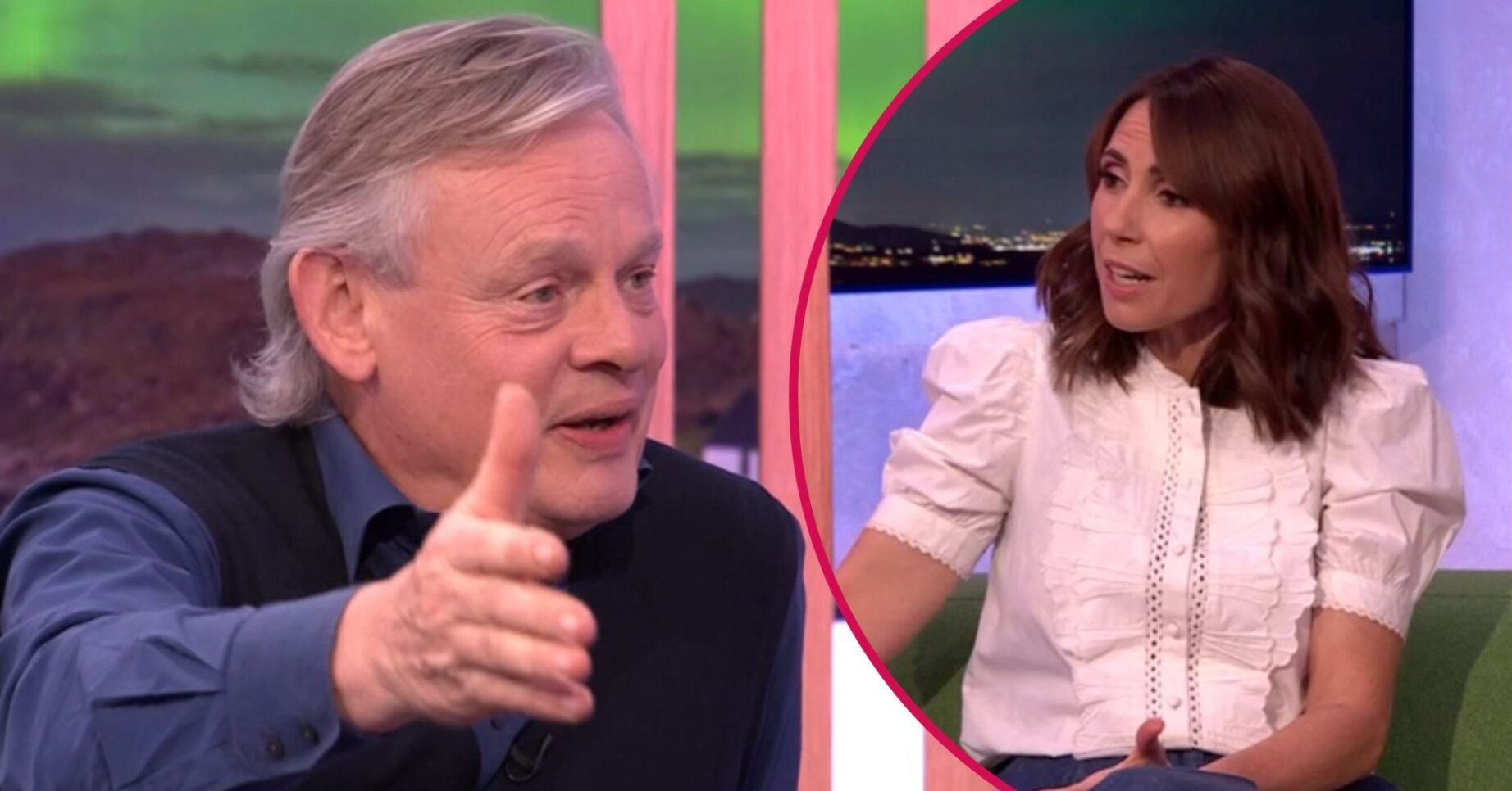Martin Clunes pointing / Alex Jones looking serious on The One Show