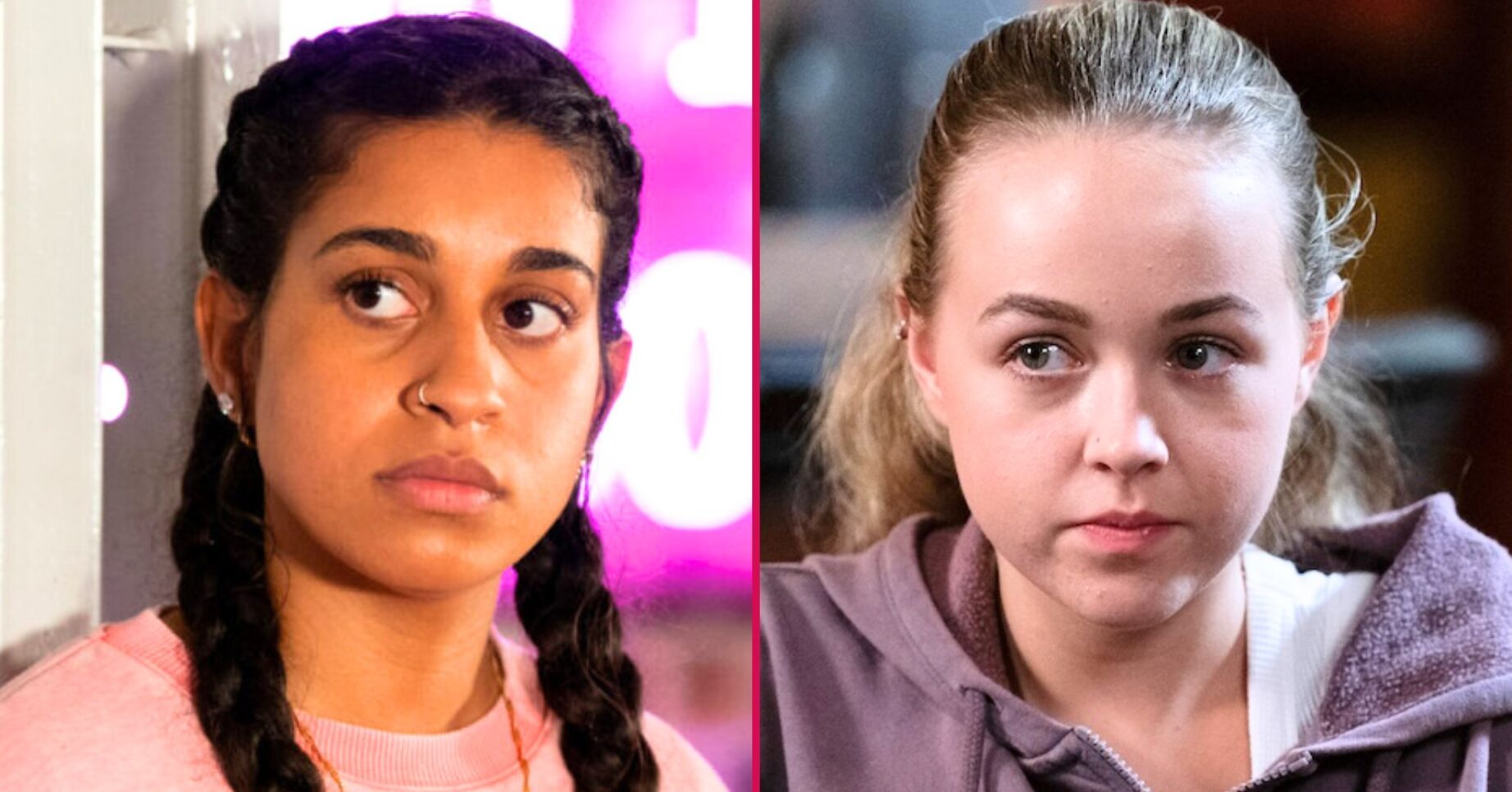 Composite image of Avani and Amy on EastEnders, both looking worried (Credit: BBC/Composite: ED!)