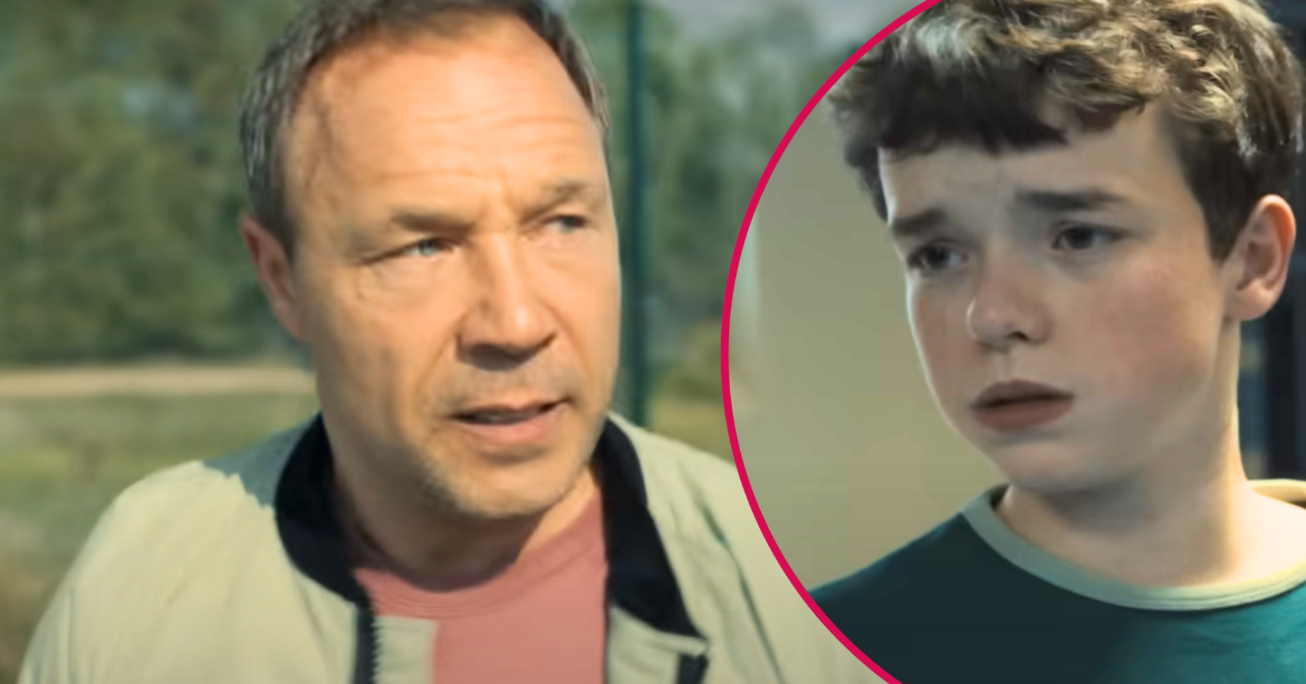 Split image showing Stephen Graham and Owen Cooper's characters from Adolescence