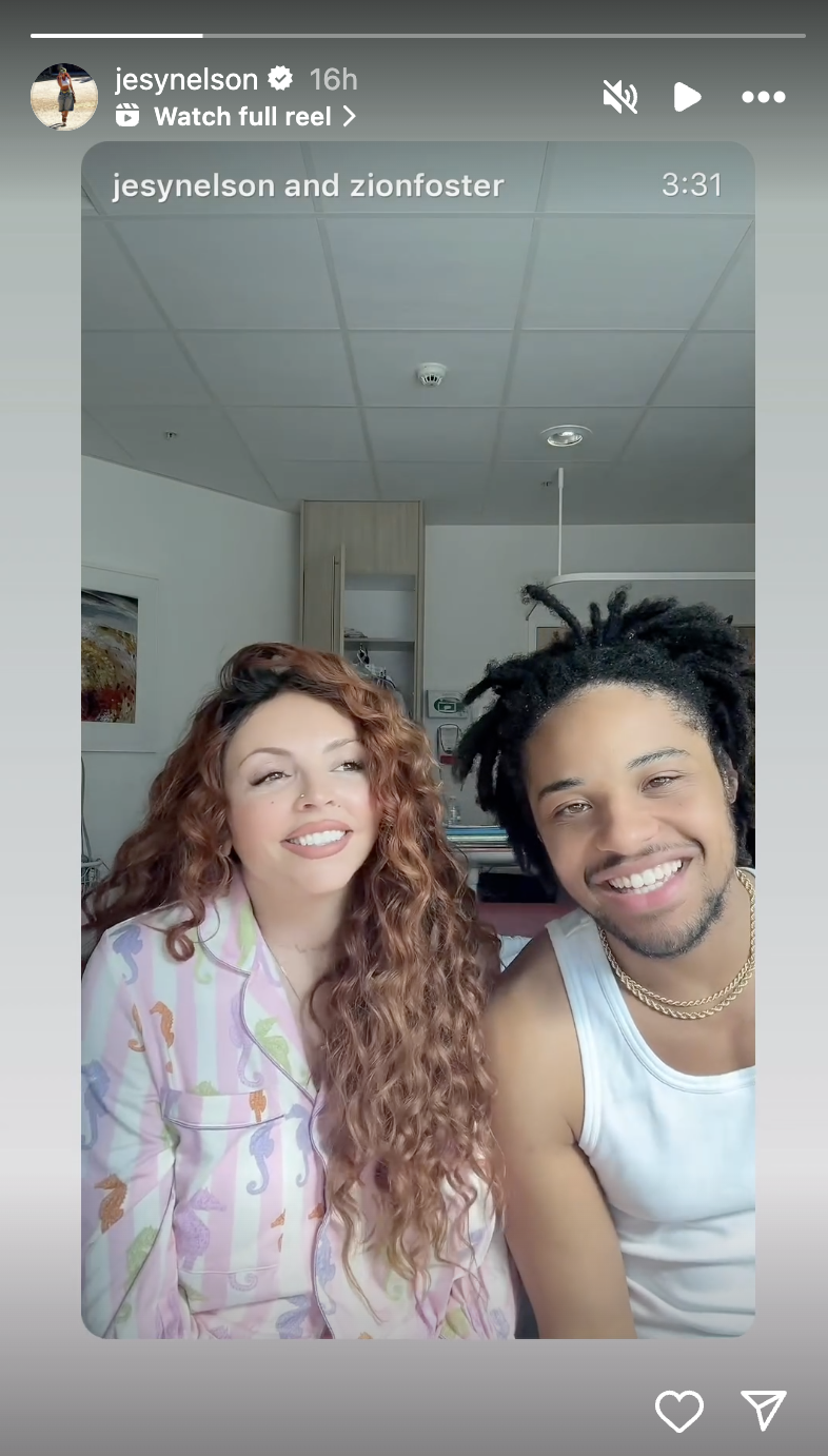 Jesy Nelson and Zion smiling as they give baby update